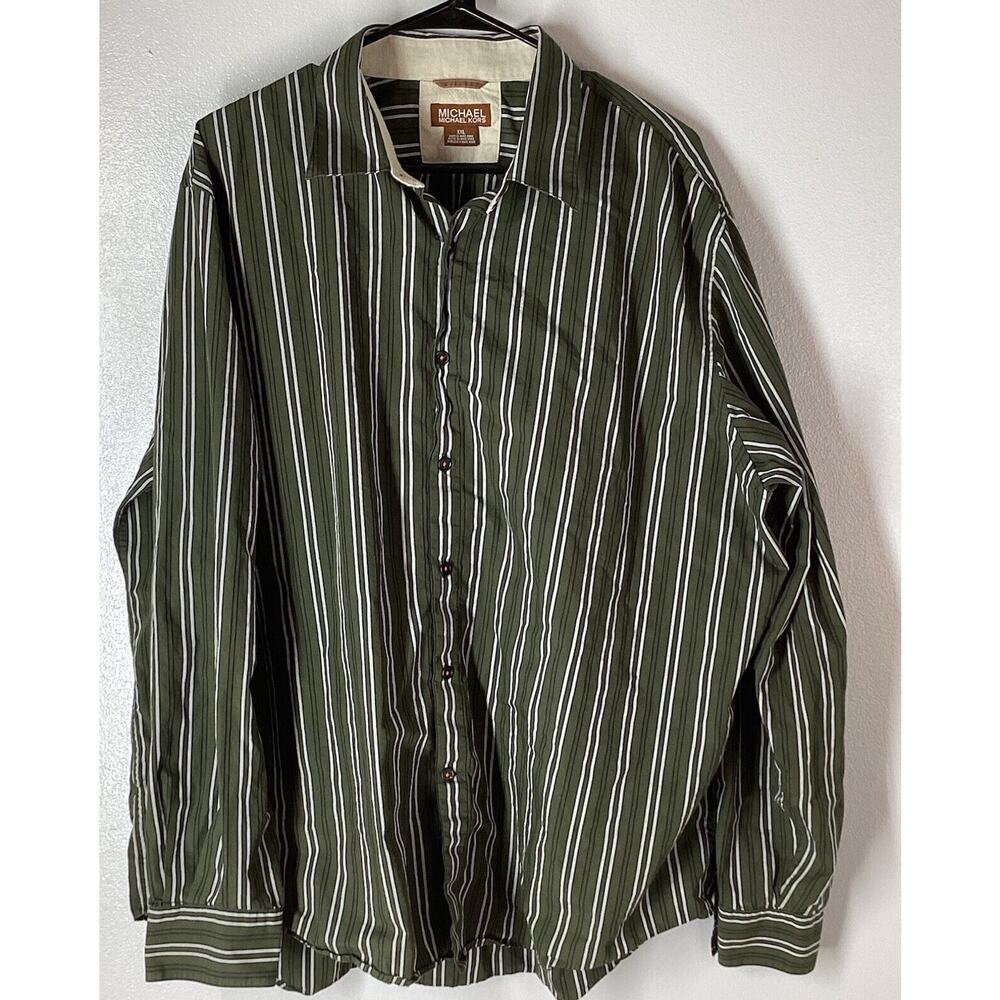 Michael Kors Men Green White Black Stripes Long Sleeve Button Up XXL